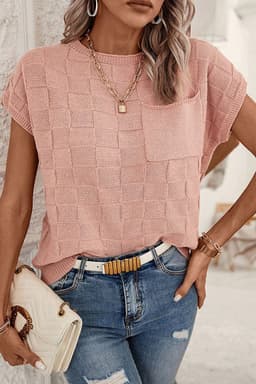 image-Pink Lattice Textured Knit Short Sleeve Sweater - Sizes S-3XL