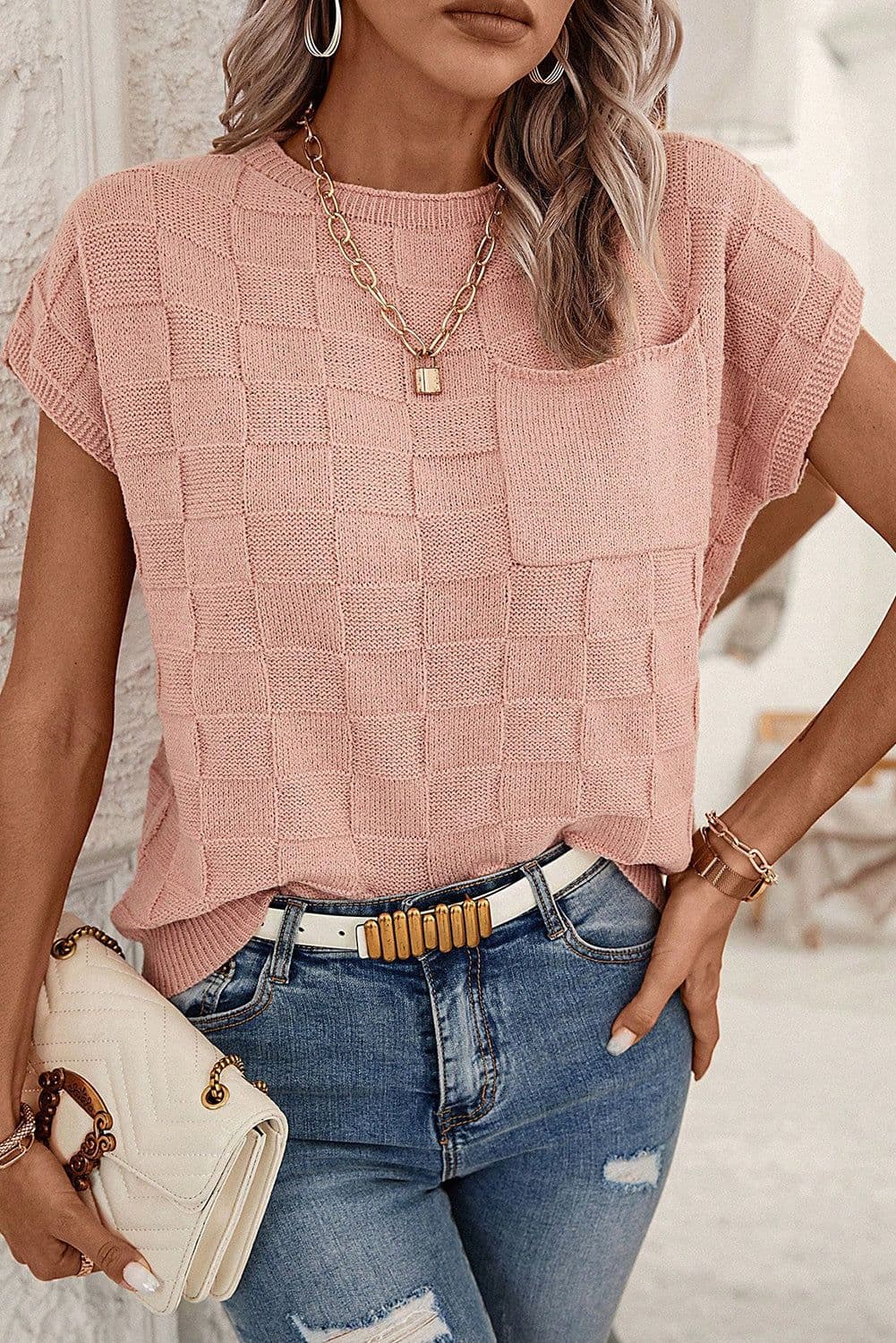 image-Pink Lattice Textured Knit Short Sleeve Sweater - Sizes S-3XL