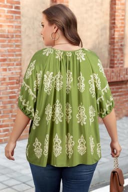 image-Yellow Floral Boho Chic Top - Plus Size Notched V-Neck Short Sleeve