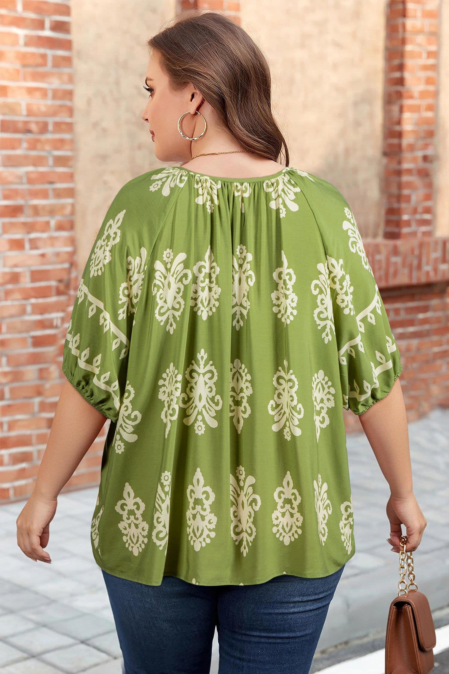 image-Yellow Floral Boho Chic Top - Plus Size Notched V-Neck Short Sleeve