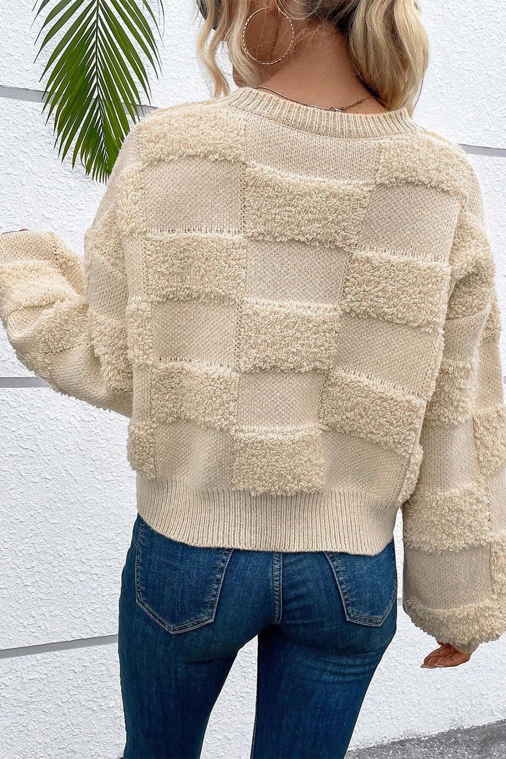 image-Checkered Sherpa Crew Neck Sweater - Parchment Loose Fit