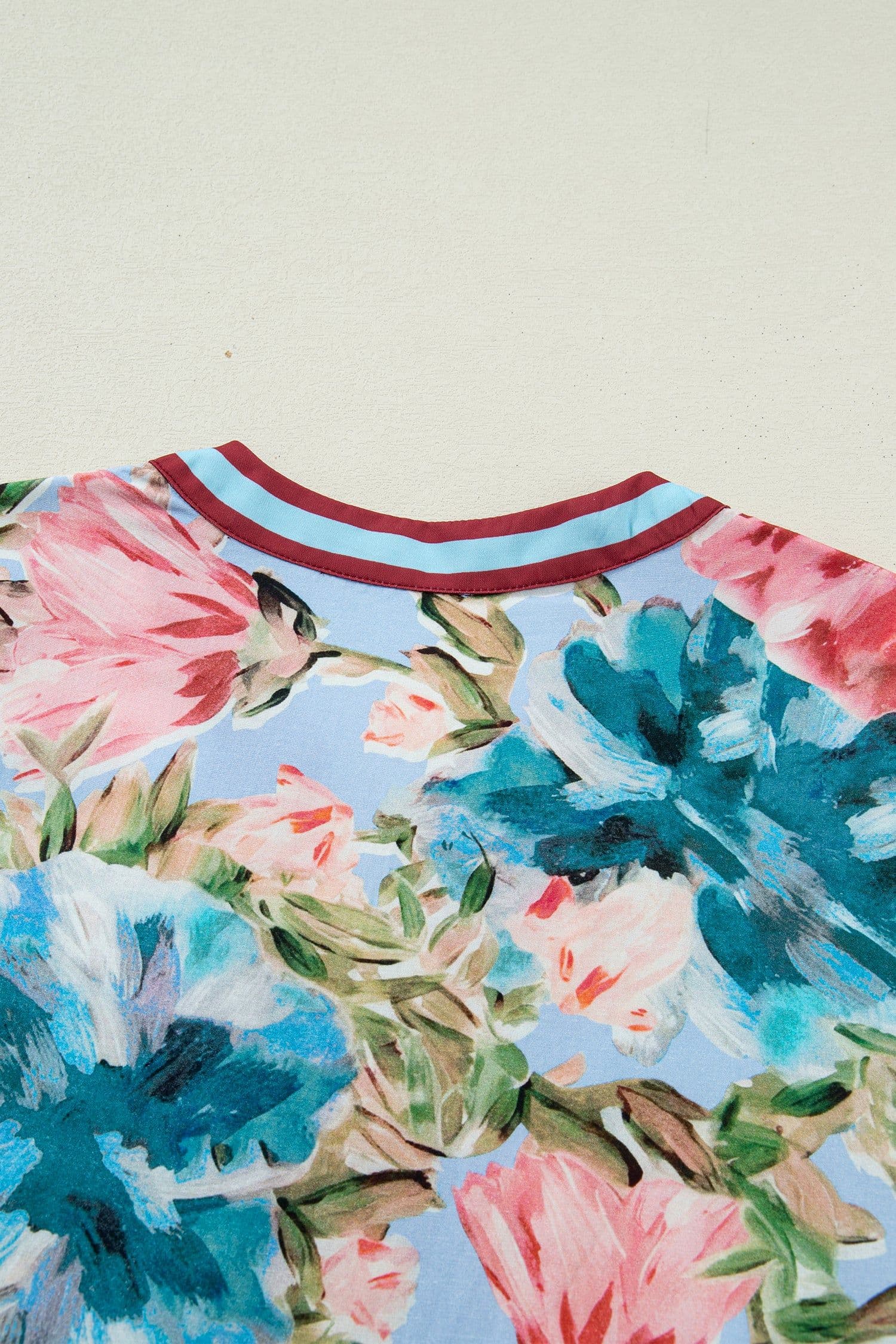 image-Sky Blue Floral Blouse V Neck Cuffed Sleeves