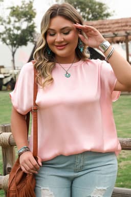 image-Pink Metallic Gloss Short Batwing Sleeve Plus Size Top
