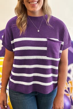 image-Purple Stripe Knit Sweater - Short Sleeve Raw Edge
