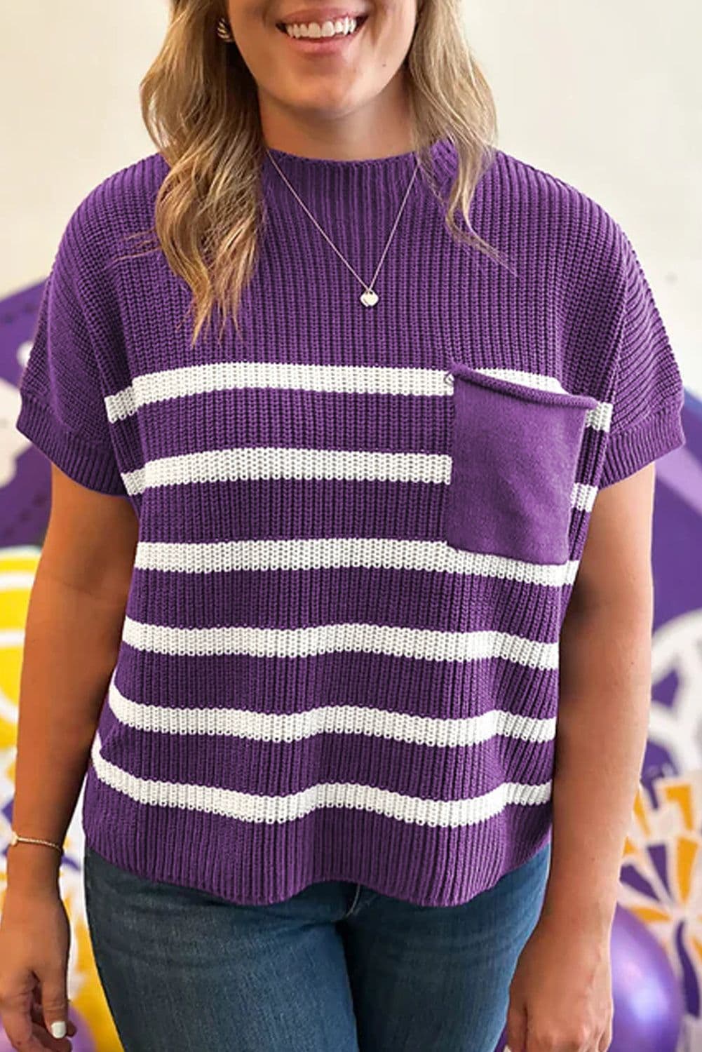 image-Purple Stripe Knit Sweater - Short Sleeve Raw Edge