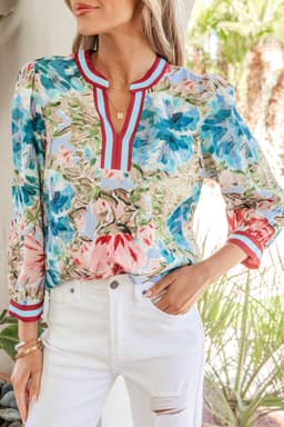 image-Sky Blue Floral Blouse V Neck Cuffed Sleeves