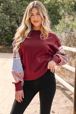 image-Smoke Gray Plaid Colorblock Patchwork Sweatshirt
