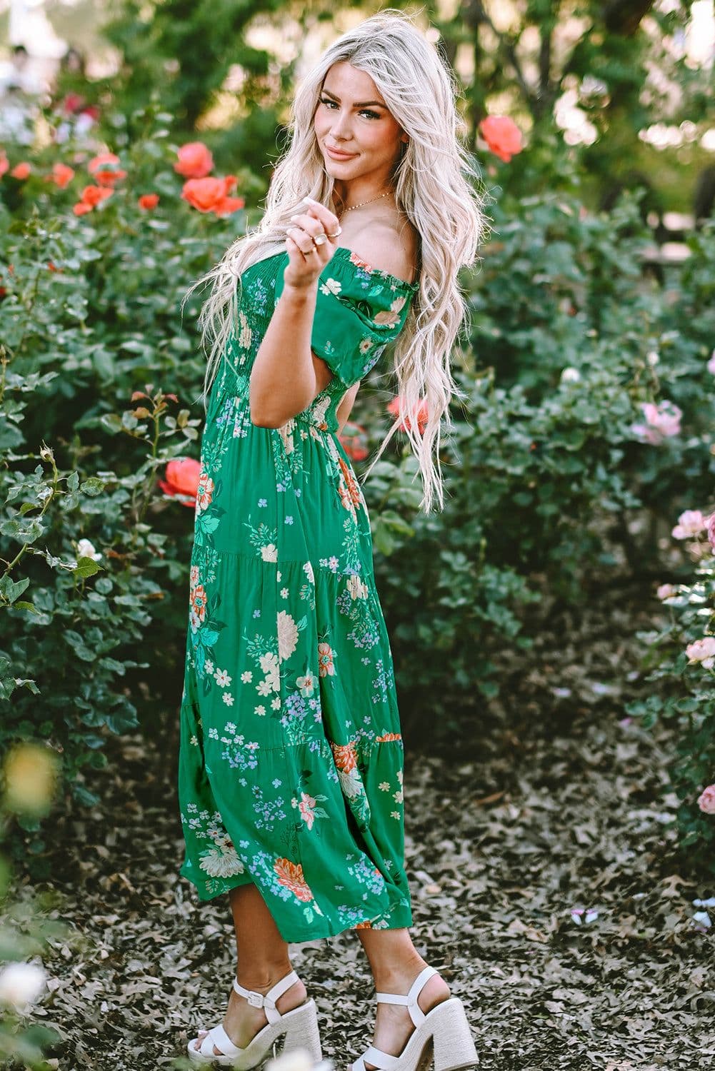 image-Floral Print Bubble Sleeve Midi Dress - Tiered Smocked Design (59 characters)