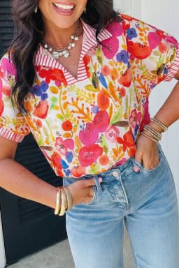 image-Rose Striped Trim Collared V Neck Short Sleeve Floral Print Blouse