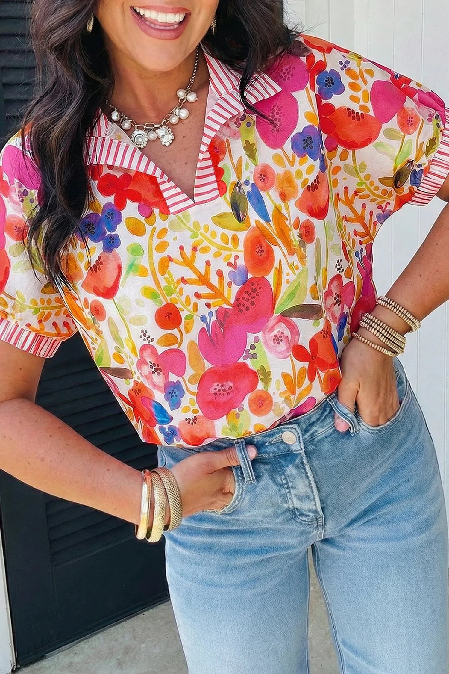 image-Rose Striped Trim Collared V Neck Short Sleeve Floral Print Blouse