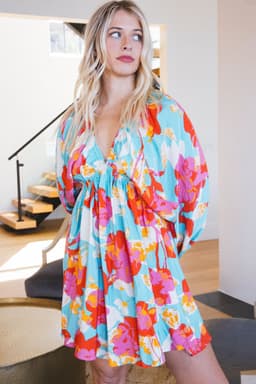 image-Sky Blue Floral Mini Dress - Empire Waist, Bracelet Sleeves, V-Neck