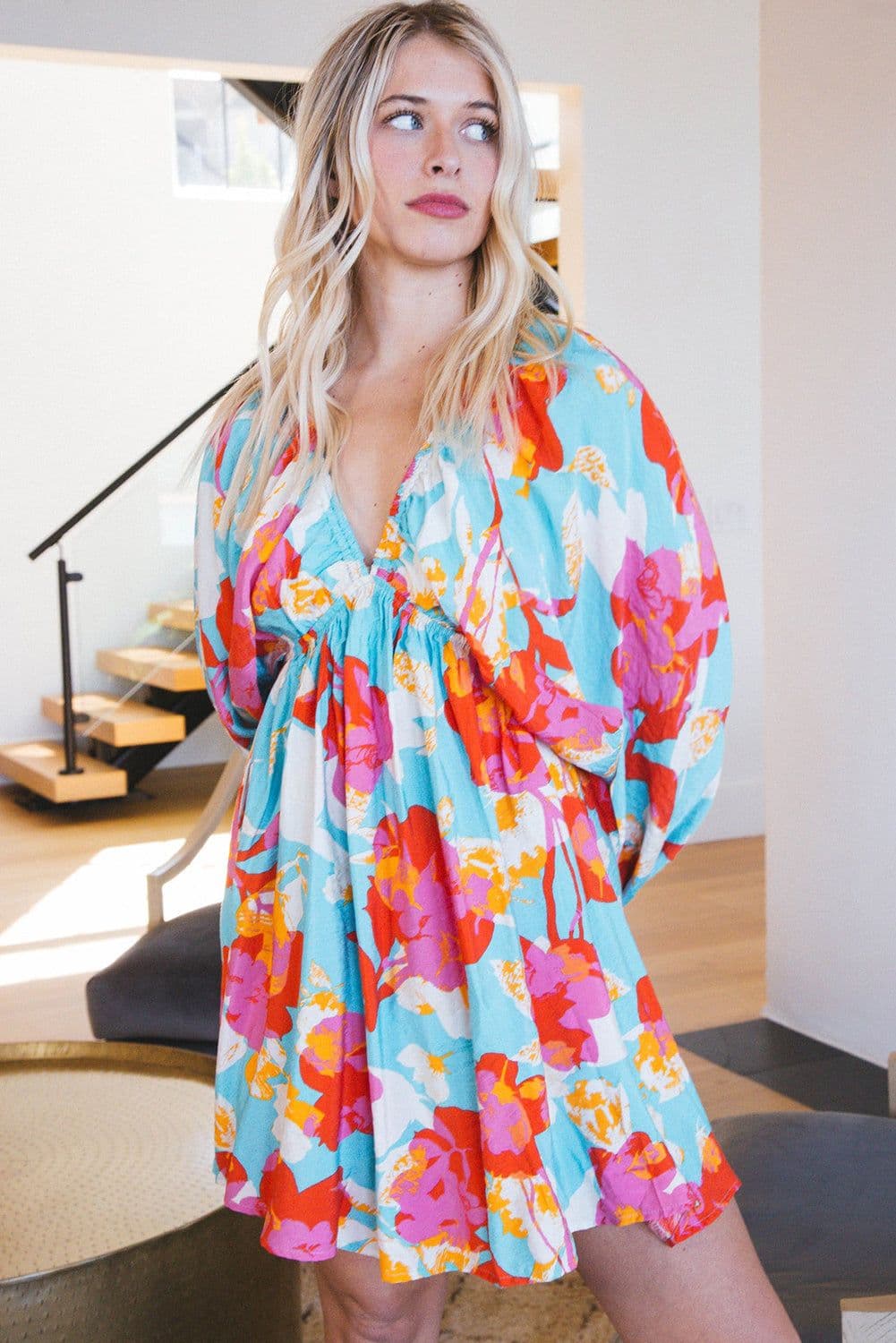 image-Sky Blue Floral Mini Dress - Empire Waist, Bracelet Sleeves, V-Neck