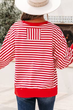 image-Red Stripe Christmas Nutcracker Sequin Patched Drop Shoulder Top