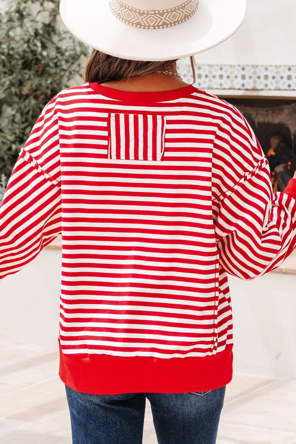 image-Red Stripe Christmas Nutcracker Sequin Patched Drop Shoulder Top
