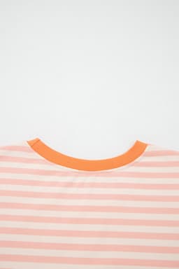 image-Pink Stripe Contrast Neck Loose Tee and Drawstring Shorts Set