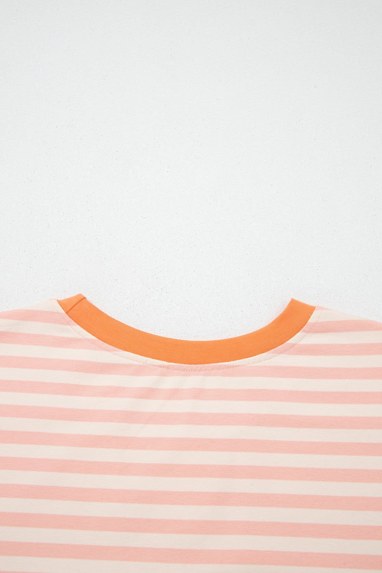 image-Pink Stripe Contrast Neck Loose Tee and Drawstring Shorts Set