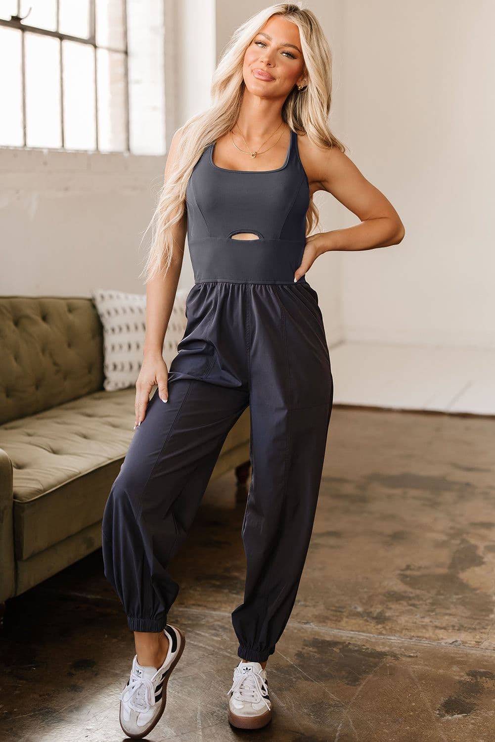 image-Carbon Grey Hollow Out Jogger Jumpsuit with Crossed Straps