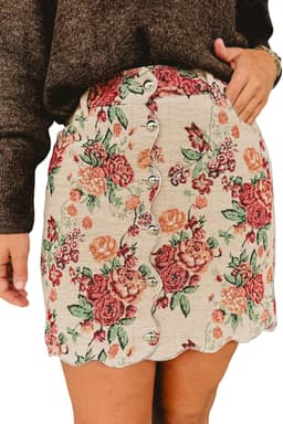 image-Apricot Buttoned Front Scalloped Trim Mini Jacquard Floral Skirt
