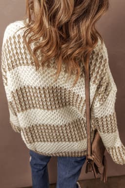image-Brown Stripe Drop Shoulder Round Neck Loose Sweater