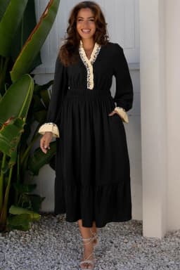 image-Black Contrast Leopard Frilled Trim V Neck Bracelet Sleeve Midi Dress