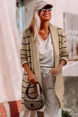 image-Black Stripe Shawl Neckline Open Cardigan with Pockets