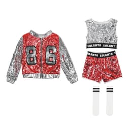image-LOlanta 4-14 Years Girls Pink Sequin Crop Tops Shorts Jacket Dancewear Costume Hip Hop Modern Jazz Dance Stage Performance Wear