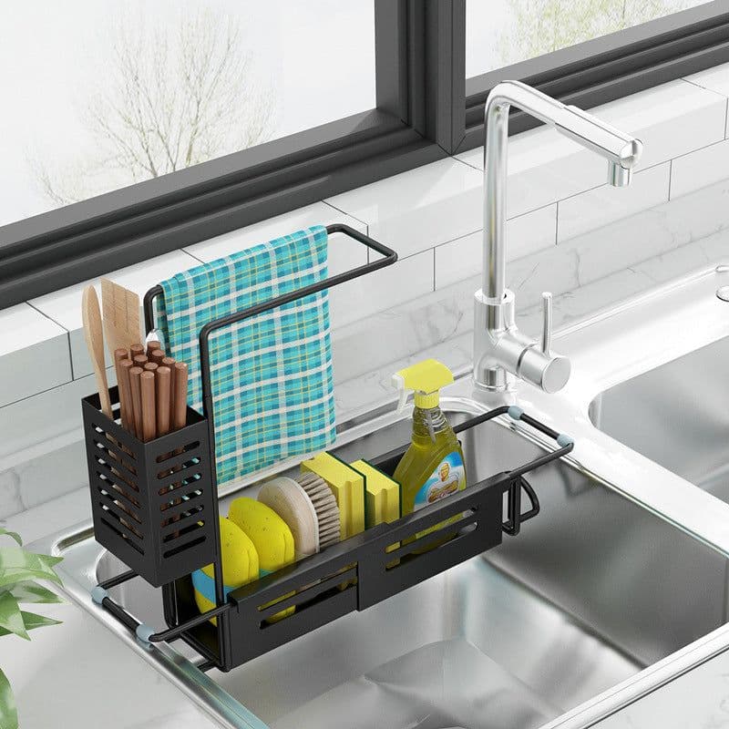 image-Kitchen stainless steel rag rack multi-purpose sink drain storage towel faucet retractable sink rack