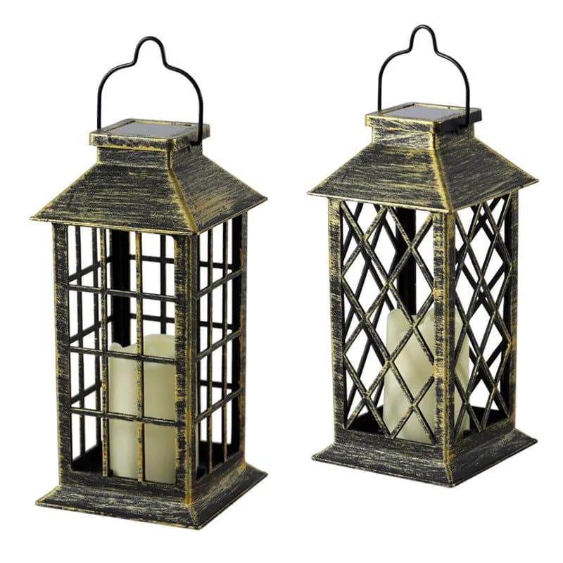 image-Plastic Craft Solar Wind Lantern Hollow Palace Lantern Outdoor Garden Christmas Decoration LED Flame Light Candle Hanging Light