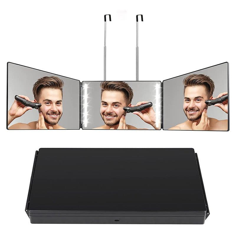 image-Amazon hot product barber mirror retractable hanging three-sided folding makeup mirror LED with light simple European-style three-folding mirror