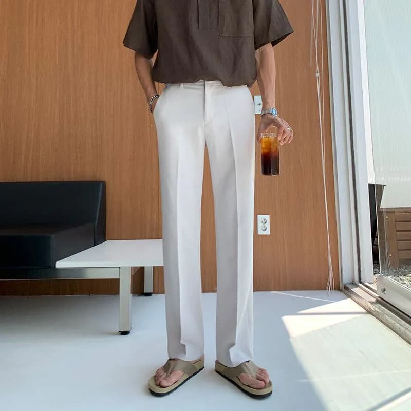 image-MYQ men's trousers drape straight loose Korean style suit pants summer ice silk thin style fall feeling casual pants trend