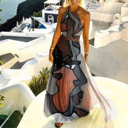 image-2021 AliExpress foreign trade hot sale Amazon hot sale printed pleated neck dress women's long skirt