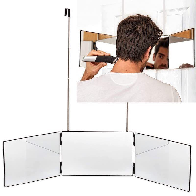 image-Amazon hot product barber mirror retractable hanging three-sided folding makeup mirror LED with light simple European-style three-folding mirror