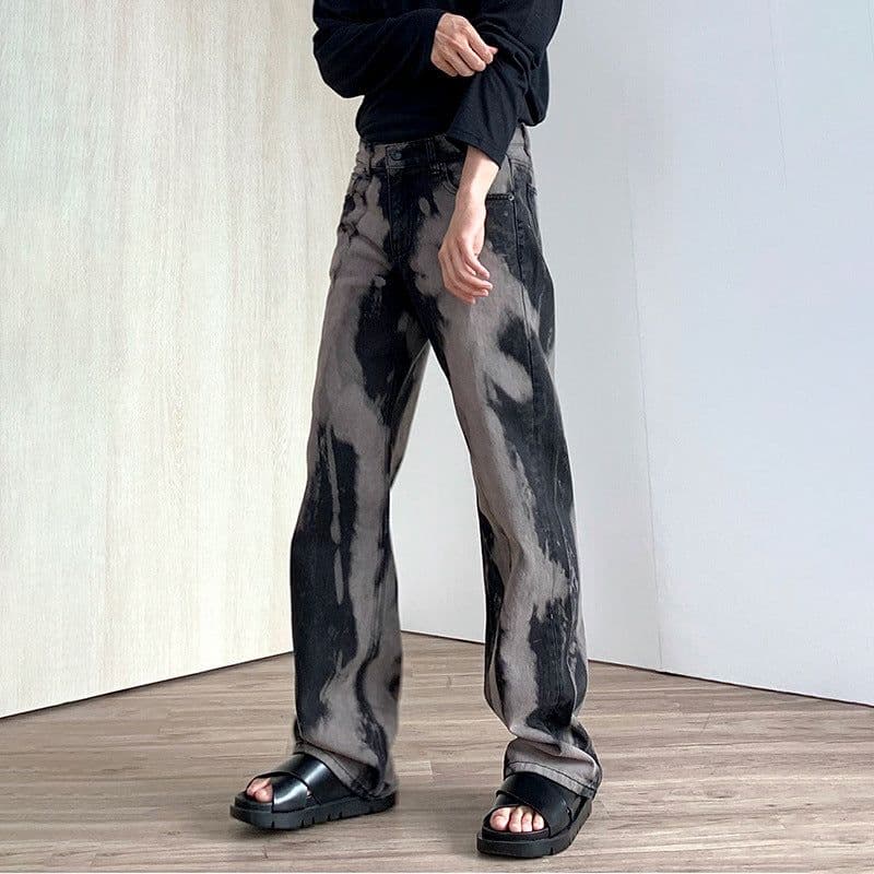 image-MYQ Men's High Street Washed Distressed Jeans Men's Korean Style Trendy Loose Straight Pants Tie Dye Gradient Pants Men