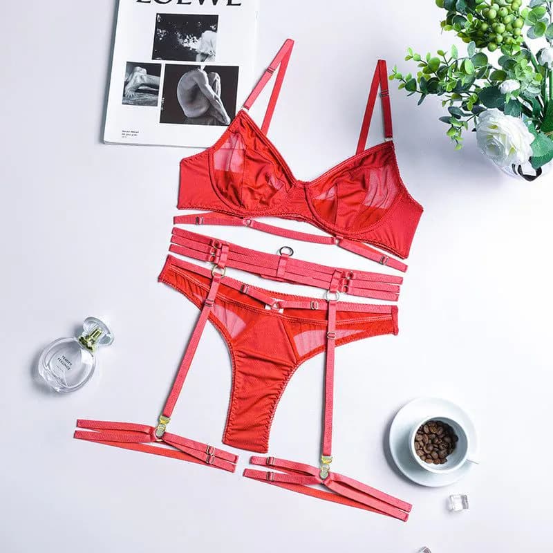 image-Women's Mesh Underwear Set with Steel Ring 4-Piece