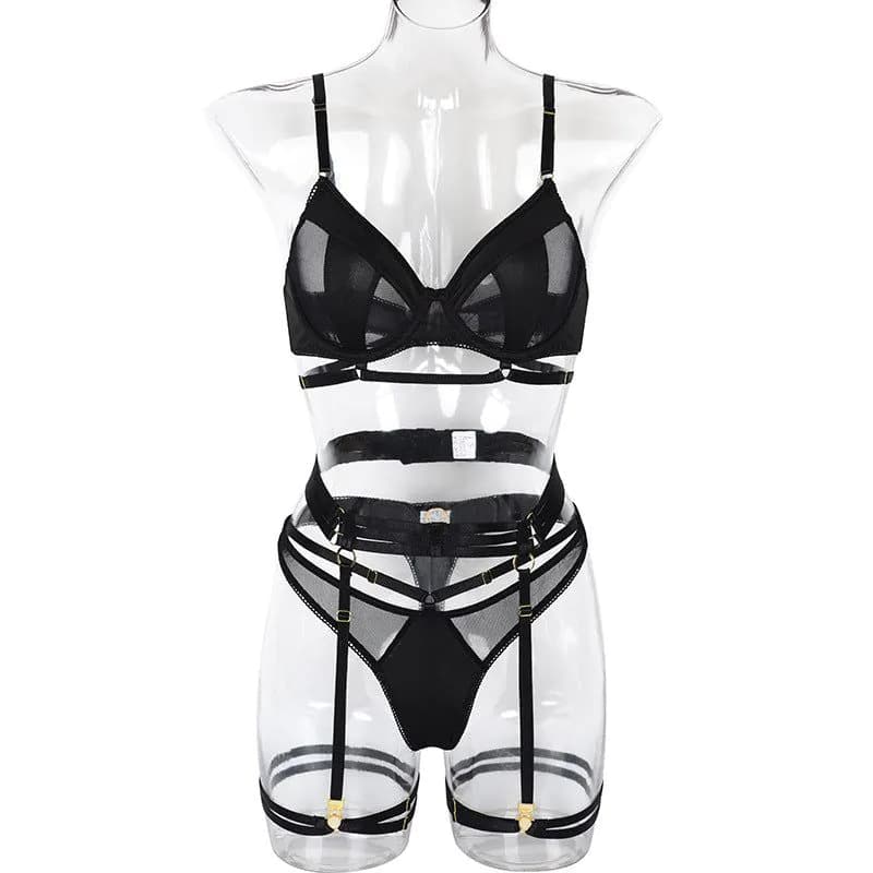 image-Women's Mesh Underwear Set with Steel Ring 4-Piece