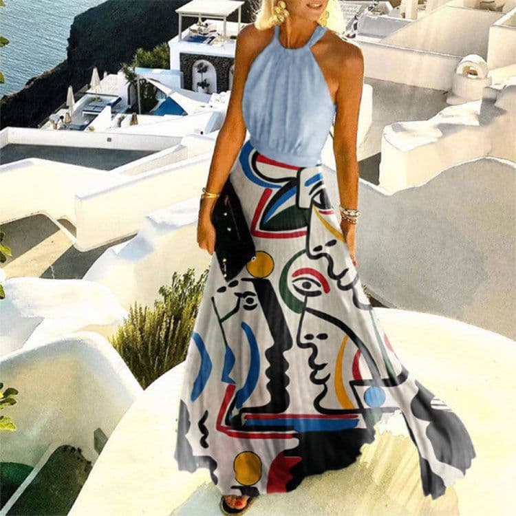 image-2021 AliExpress foreign trade hot sale Amazon hot sale printed pleated neck dress women's long skirt