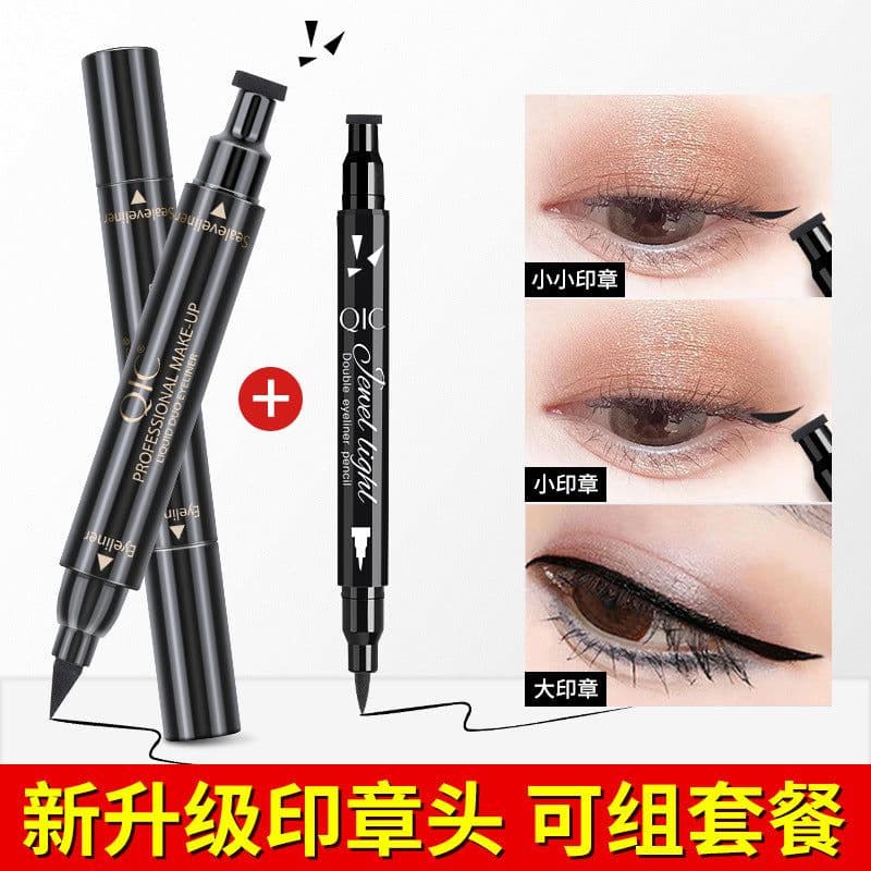 image-QIC double-headed seal triangle eyeliner, waterproof and non-smudge wing liquid eyeliner pen, vibrato net celebrity, the same beauty makeup