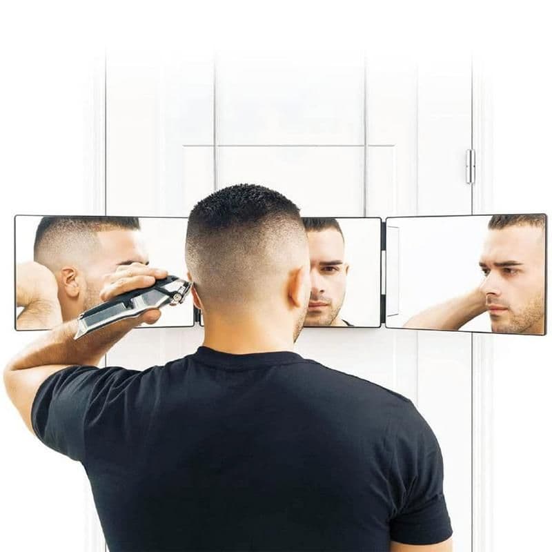 image-Amazon hot product barber mirror retractable hanging three-sided folding makeup mirror LED with light simple European-style three-folding mirror