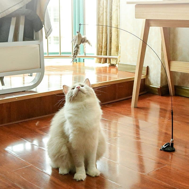image-Steel wire long rod funny cat stick Powerful suction cup with feather bell replacement head bite resistant cat toy self-hey interaction to relieve boredom
