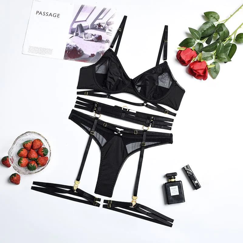 image-Women's Mesh Underwear Set with Steel Ring 4-Piece