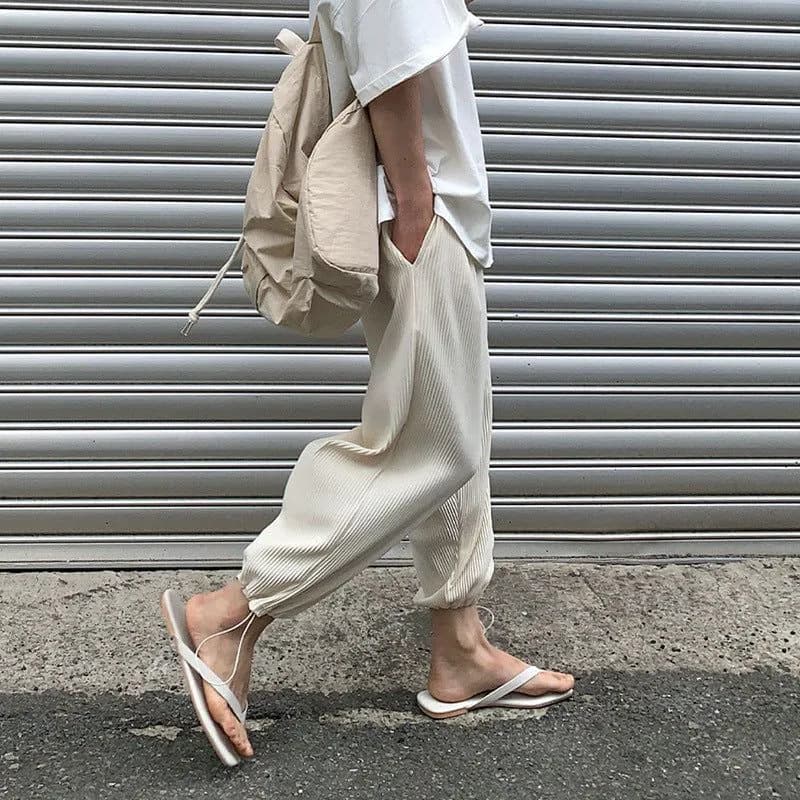 image-MYQ men's pleated ice silk casual pants summer Korean version of the trend of wide-legged straight loose nine-point sports trousers