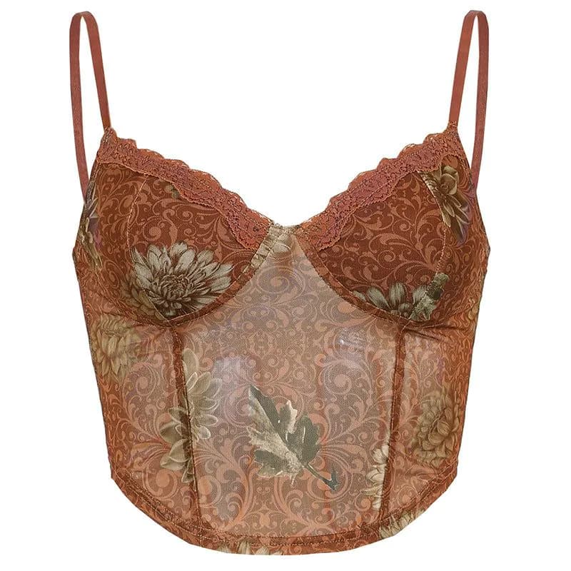 image-2021 summer European and American new sexy women's retro mesh lace-up lace print bottoming sling crop top