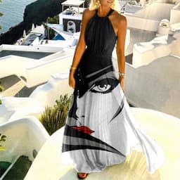 image-2021 AliExpress foreign trade hot sale Amazon hot sale printed pleated neck dress women's long skirt