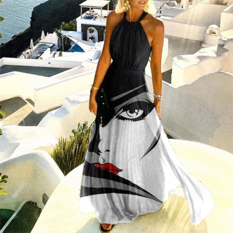 image-2021 AliExpress foreign trade hot sale Amazon hot sale printed pleated neck dress women's long skirt