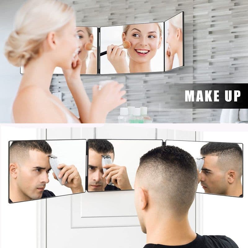 image-Amazon hot product barber mirror retractable hanging three-sided folding makeup mirror LED with light simple European-style three-folding mirror