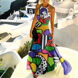 image-2021 AliExpress foreign trade hot sale Amazon hot sale printed pleated neck dress women's long skirt