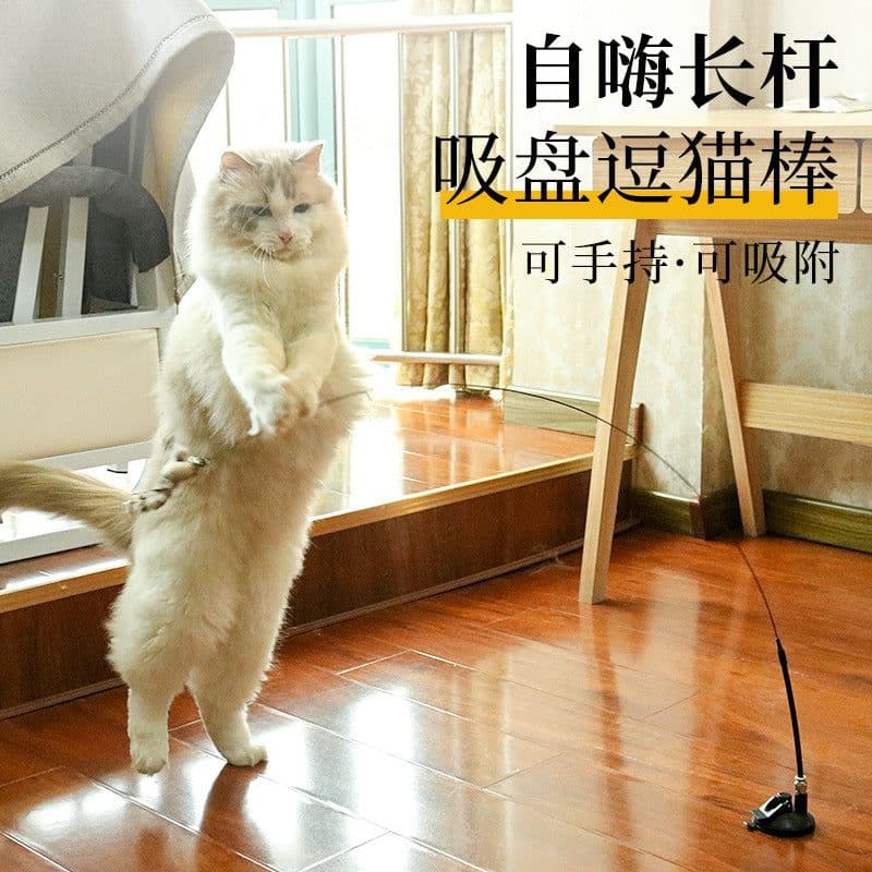 image-Steel wire long rod funny cat stick Powerful suction cup with feather bell replacement head bite resistant cat toy self-hey interaction to relieve boredom