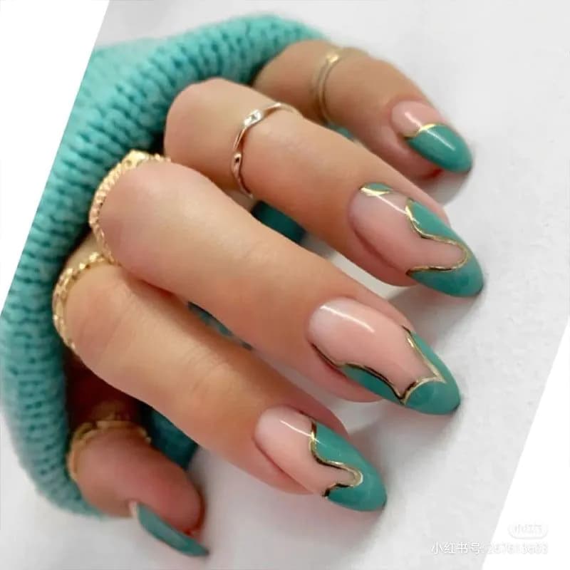 image-Factory foreign trade hot sale long round false nail patch, mint green gold thread wave splicing wearable nail products
