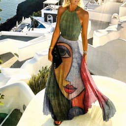 image-2021 AliExpress foreign trade hot sale Amazon hot sale printed pleated neck dress women's long skirt