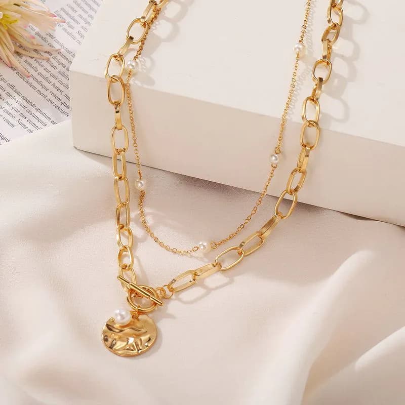 image-European and American new double-layer necklace long punk chain pearl short necklace aliexpress wish explosion clavicle chain female